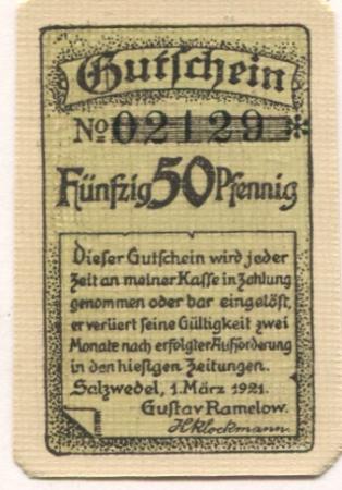 Salzwedel - Ramelow, Gustav, Manufakturwaren, Herren- und Damen-Konfektion, Damen-Putz - 1.3.1921 - 50 Pfennig 