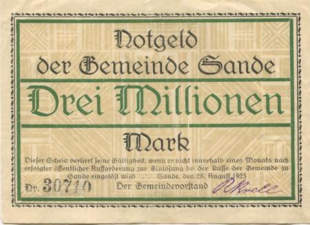 Sande (heute: Hamburg) - Gemeinde - 28.8.1923 - 3 Millionen Mark 