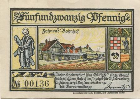 Sankt Andreasberg (heute: Braunlage) - Kurverwaltung - 1.10.1921 - 25 Pfennig 