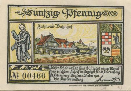 Sankt Andreasberg (heute: Braunlage) - Kurverwaltung - 1.10.1921 - 50 Pfennig 