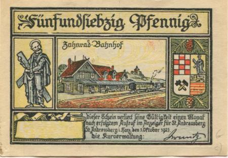 Sankt Andreasberg (heute: Braunlage) - Kurverwaltung - 1.10.1921 - 75 Pfennig 