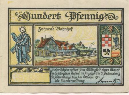 Sankt Andreasberg (heute: Braunlage) - Kurverwaltung - 1.10.1921 - 100 Pfennig 