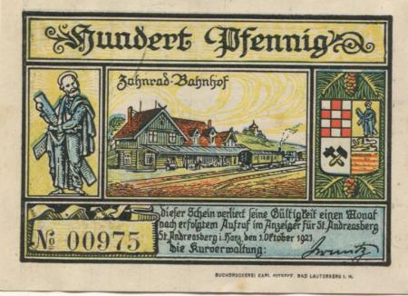 Sankt Andreasberg (heute: Braunlage) - Kurverwaltung - 1.10.1921 - 100 Pfennig 