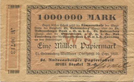 Sankt Andreasberg (heute: Braunlage) - Steckel, Willi, Sankt Andreasberger Papierfabrik AG - 10.9.1923 - 1 Million Mark 