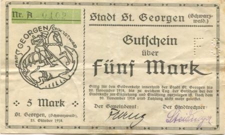 Sankt Georgen - Stadt - 25.10.1918 - ab 20.11.1918 - 5 Mark 