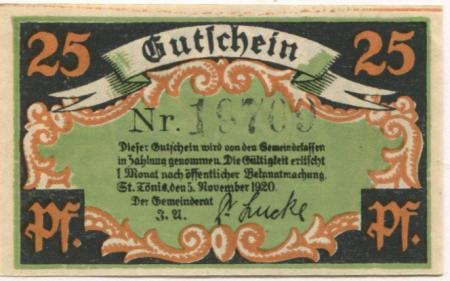 Sankt Tönis (heute: Tönisvorst) - Gemeinde - 5.11.1920 - 25 Pfennig 