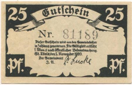 Sankt Tönis (heute: Tönisvorst) - Gemeinde - 5.11.1920 - 25 Pfennig 