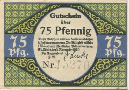 Sankt Tönis (heute: Tönisvorst) - Gemeinde - 5.11.1920 - 75 Pfennig 