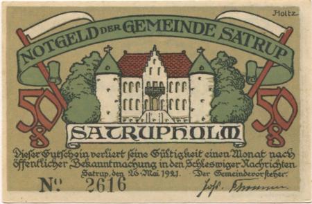 Satrup  (heute: Mittelangeln) - Gemeinde - 16.5.1921 - 50 Pfennig 