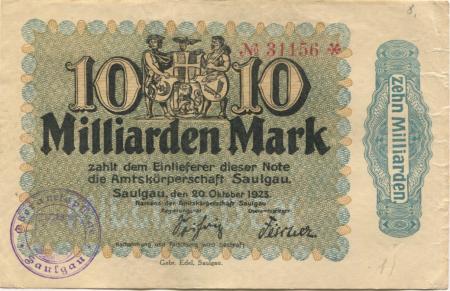 Saulgau - Amtskörperschaft - 20.10.1923 - 10 Milliarden Mark 