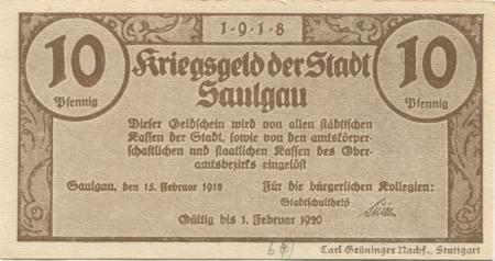 Saulgau - Stadt - 15.2.1918 - 1.2.1920 - 10 Pfennig 
