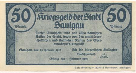 Saulgau - Stadt - 15.2.1918 - 1.2.1920 - 50 Pfennig 