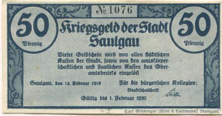 Saulgau - Stadt - 15.2.1918 - 1.2.1920 - 50 Pfennig 
