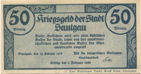Saulgau - Stadt - 15.2.1918 - 1.2.1920 - 50 Pfennig 