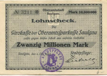 Saulgau - Stadt(pflege) - 1.10.1923 - 20 Millionen Mark 