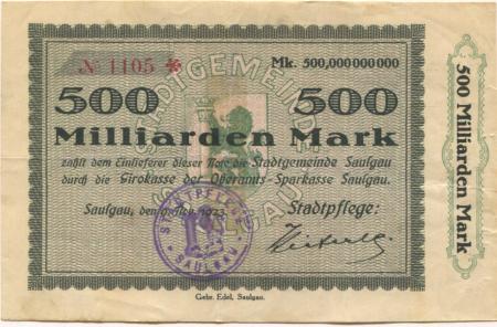 Saulgau - Stadt(pflege) - 9.11.1923 - 500 Milliarden Mark 