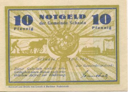 Schaala (heute: Rudolstadt) - Gemeinde - 15.6.1921 - 10 Pfennig 