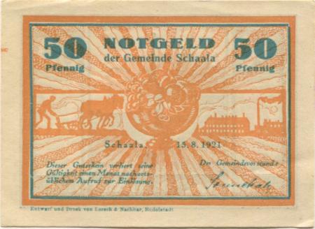 Schaala (heute: Rudolstadt) - Gemeinde - 15.6.1921 - 50 Pfennig 