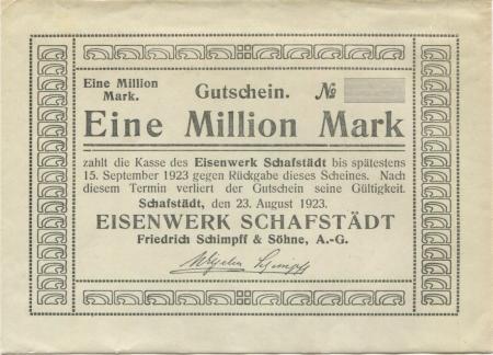 Schafstädt (heute: Lauchstädt (Bad)) - Schimpff, Friedrich, & Söhne, Eisenwerk AG - - 15.9.1923 - 1 Million Mark 