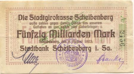 Scheibenberg - Stadtbank - 8.8.1923 - 50 Milliarden Mark 