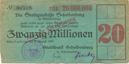 Scheibenberg - Stadtbank - 8.8.1923 - 20 Millionen Mark 