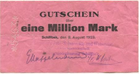 Schiffbek (heute: Hamburg) - Vereinigte Jute-Spinnerei und Weberei - 9.8.1923 - 1 Million Mark 