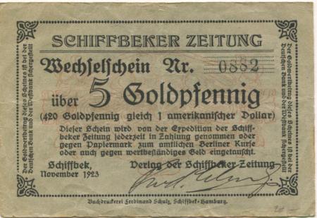Schiffbek (heute: Hamburg) - Verlag der Schiffbeker Zeitung - November 1923 - 5 Gold-Pfennig 