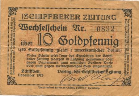 Schiffbek (heute: Hamburg) - Verlag der Schiffbeker Zeitung - November 1923 - 10 Gold-Pfennig 