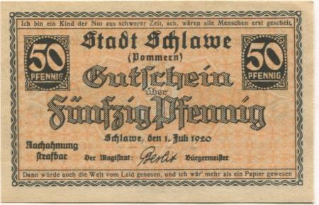 Schlawe (heute: PL-Slawno) - Stadt - 1.7.1920 - 50 Pfennig 
