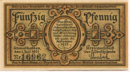 Schmalkalden - Kreis Herrschaft - 1.7.1921 - 30.9.1922 - 50 Pfennig 