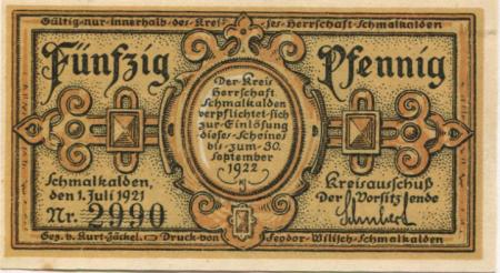 Schmalkalden - Kreis Herrschaft - 1.7.1921 - 30.9.1922 - 50 Pfennig 
