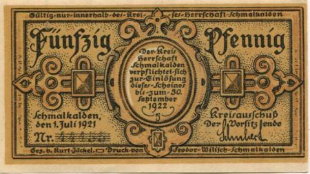 Schmalkalden - Kreis Herrschaft - 1.7.1921 - 30.9.1922 - 50 Pfennig 