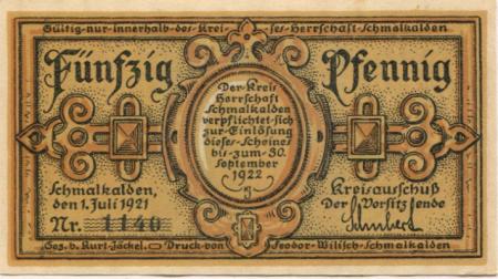 Schmalkalden - Kreis Herrschaft - 1.7.1921 - 30.9.1922 - 50 Pfennig 
