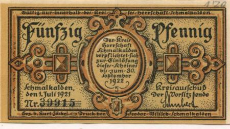 Schmalkalden - Kreis Herrschaft - 1.7.1921 - 30.9.1922 - 50 Pfennig 