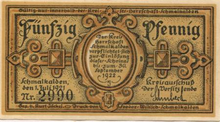 Schmalkalden - Kreis Herrschaft - 1.7.1921 - 30.9.1922 - 50 Pfennig 