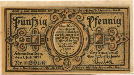 Schmalkalden - Kreis Herrschaft - 1.7.1921 - 30.9.1922 - 50 Pfennig 