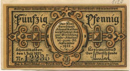 Schmalkalden - Kreis Herrschaft - 1.7.1921 - 30.9.1922 - 50 Pfennig 