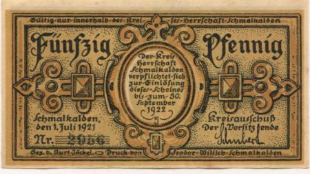 Schmalkalden - Kreis Herrschaft - 1.7.1921 - 30.9.1922 - 50 Pfennig 