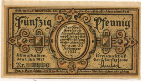 Schmalkalden - Kreis Herrschaft - 1.7.1921 - 30.9.1922 - 50 Pfennig 