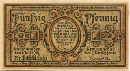 Schmalkalden - Kreis Herrschaft - 1.7.1921 - 30.9.1922 - 50 Pfennig 