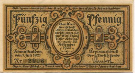 Schmalkalden - Kreis Herrschaft - 1.7.1921 - 30.9.1922 - 50 Pfennig 