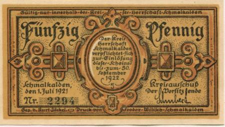 Schmalkalden - Kreis Herrschaft - 1.7.1921 - 30.9.1922 - 50 Pfennig 