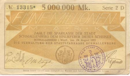 Schmallenberg - Stadtsparkasse - 14.8.1923 - 5 Millionen Mark 