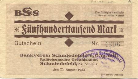 Schmiedefeld (heute: Suhl) - Bankverein, Raiffeisensche Organisation eGmuH - 20.8.1923 - 500000 Mark 