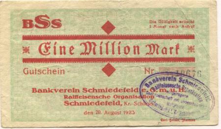 Schmiedefeld (heute: Suhl) - Bankverein, Raiffeisensche Organisation eGmuH - 20.8.1923 - 1 Million Mark 