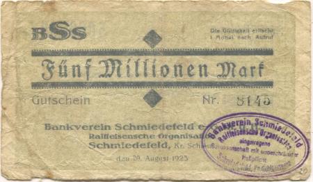 Schmiedefeld (heute: Suhl) - Bankverein, Raiffeisensche Organisation eGmuH - 20.8.1923 - 5 Millionen Mark 