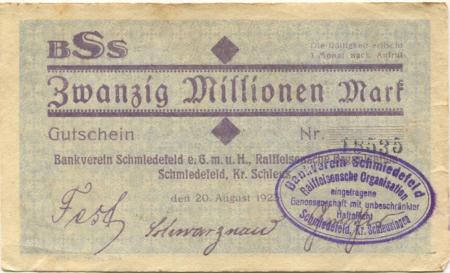 Schmiedefeld (heute: Suhl) - Bankverein, Raiffeisensche Organisation eGmuH - 20.8.1923 - 20 Millionen Mark 