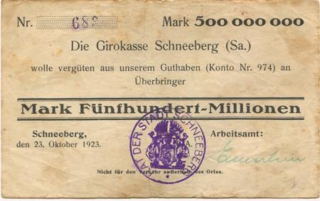 Schneeberg - Arbeitsamt - 23.10.1923 - 500 Millionen Mark 