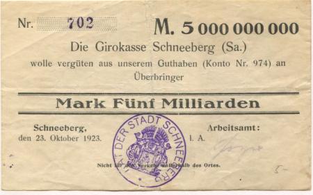 Schneeberg - Arbeitsamt - 23.10.1923 - 5 Milliarden Mark 