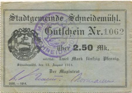 Schneidemühl (heute: PL-Pila) - Stadt - 12.8.1914 - 15.10.1914 - 2.50 Mark 